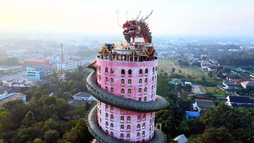 From Bangkok: Don Wai Market, Wat Samphran & Lotus Café Tour - Wat Samphran and the giant pink dragon