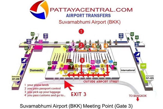 Suvarnabhumi to Pattaya 24 hour Private Airport Transfer Service - Finding Gate 3 after immigration